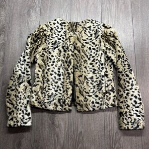 Leopard Print Faux Fur Express Jacket Y2K XS Cropped Open Front Coat Tan Black